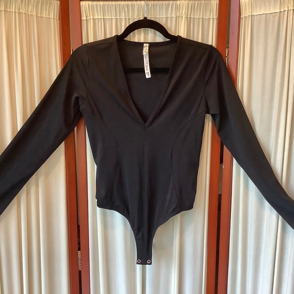 Free People Intimately Black Thong Bodysuit Deep V neck Size Small